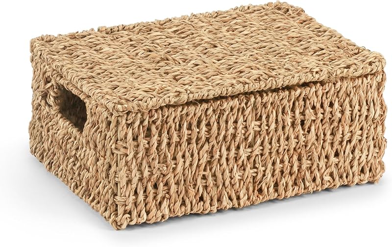 woodluv Storage Boxes with Lids Seagrass Nesting Baskets Medium