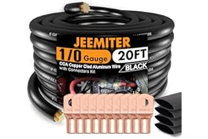 JEEMITER 1/0 Gauge Black CCA Wire (20ft Single Roll) - Replacement Ground Cable for Car Amplifier & Big 3 Upgrade | Includes Terminals & Heat Shrink