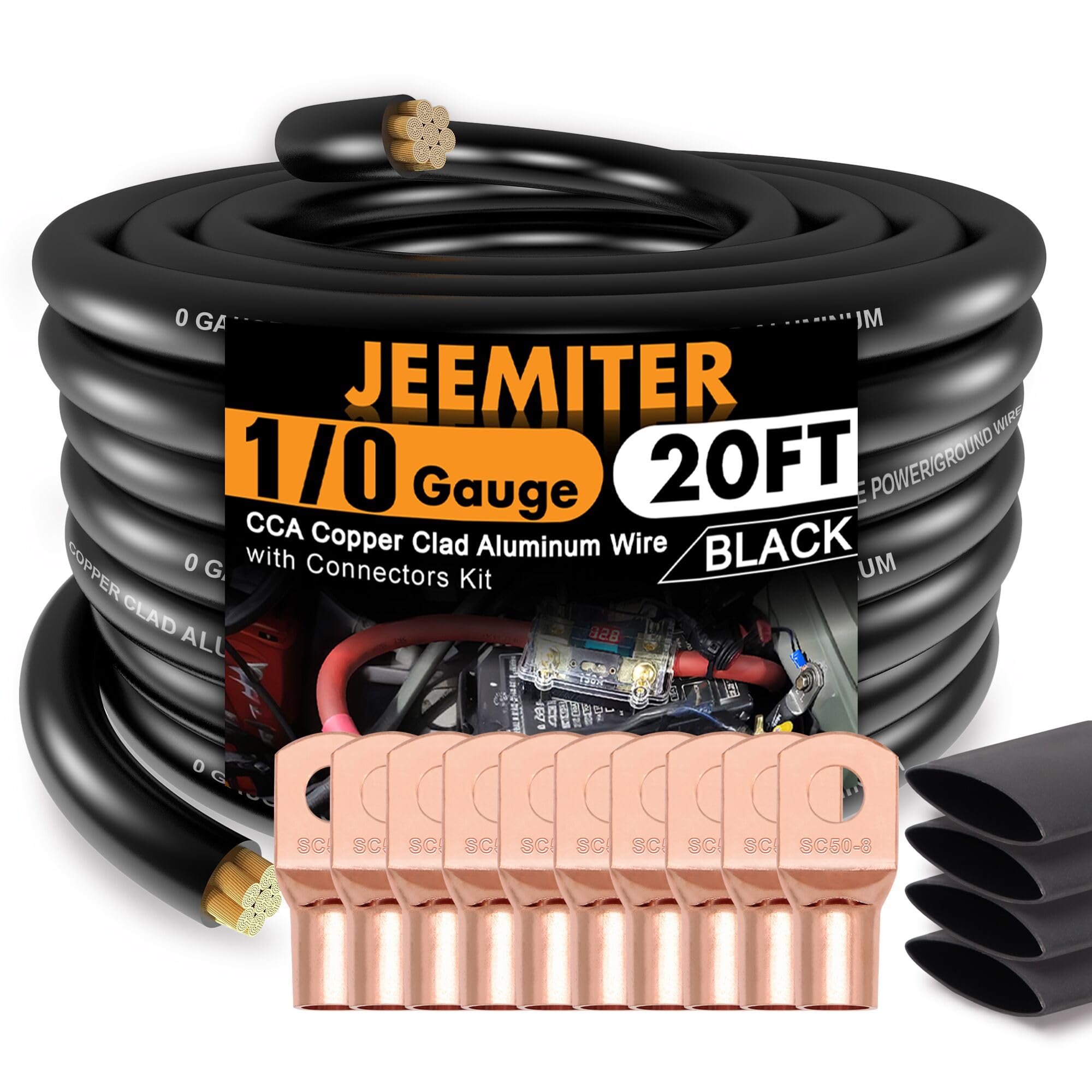 Photo 1 of 1/0 Gauge Black CCA Wire (20ft Single Roll) - Replacement Ground Cable for Car Amplifier & Big 3 Upgrade | Includes Terminals & Heat Shrink