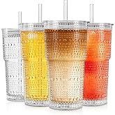 SoulTimes 20oz Hobnail Glass Tumbler with Lids and Straws - Iced Coffee Glass Cups for Smoothie, Matcha, Juice, Water etc. Leakproof and Reusable Glassware Drinking for Travel To Go [4 Pcs]