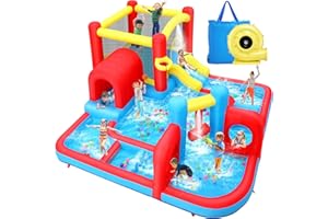 Whubefy Inflatable Water Slide Bounce House Obstacle Course for Kids Backyard Blow Up Water Park w/ 14.3x14.3 ft Large Pool, Sprinkler Hammer, Play Tunnel, Double Ring & Multi-Shape Obstacle Challenge