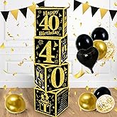 TONIFUL 4 Pcs 40th Birthday Decorations Balloon Boxes for Men Women,Fourty Years Old Cardboard Box Party Supplies,Black and Gold 40th Birthday Party Decoration