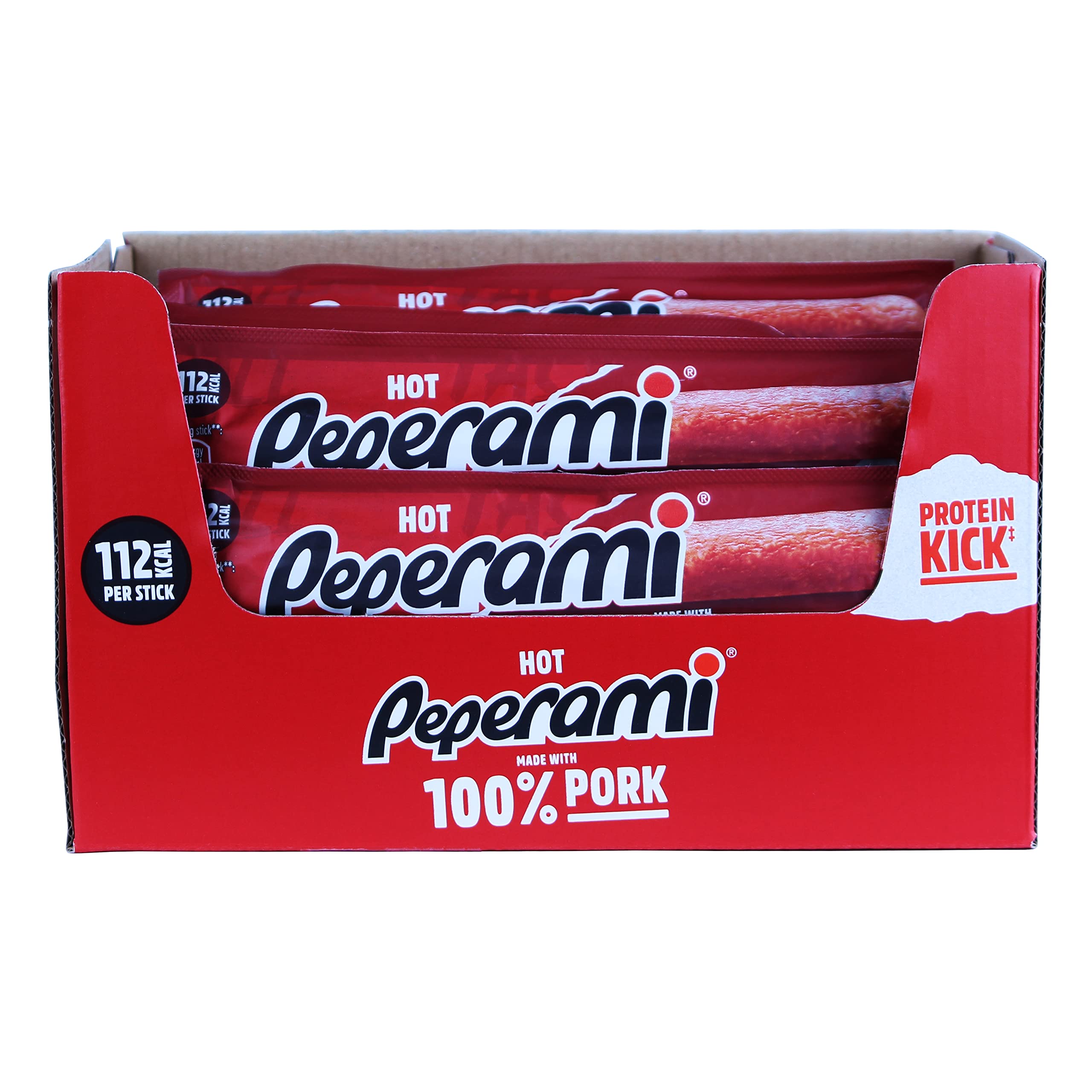 Peperami - Hot Flavour - Hot Smoked Pork Salami Sausage Meat Snacks - Box of 24 x 22.5 Grams
