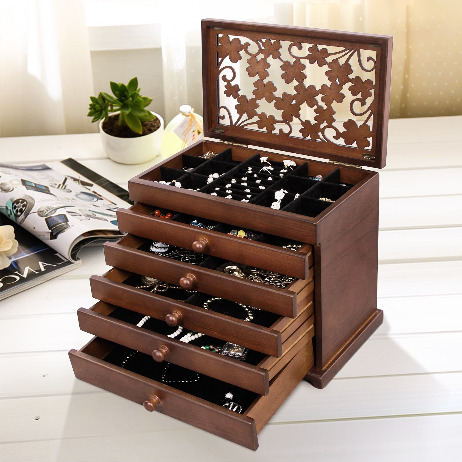 SONGMICS Large Jewelry Organizer Wooden Storage Box 6 Layers Case with