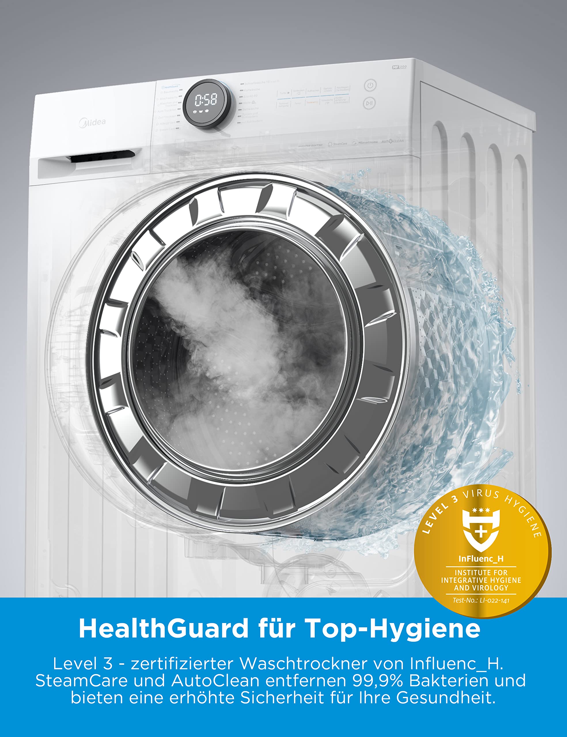 Midea MF200D86WB-14EAS Waschtrokner, 8/6kg Waschen/Trocknen, A, Inverter Mortor, Auffrischen, 60 Min. Waschen & Trocknen, Steam Care, Turbo Wash, 48 cm tief, APP-Steuerung, AquaStop 4