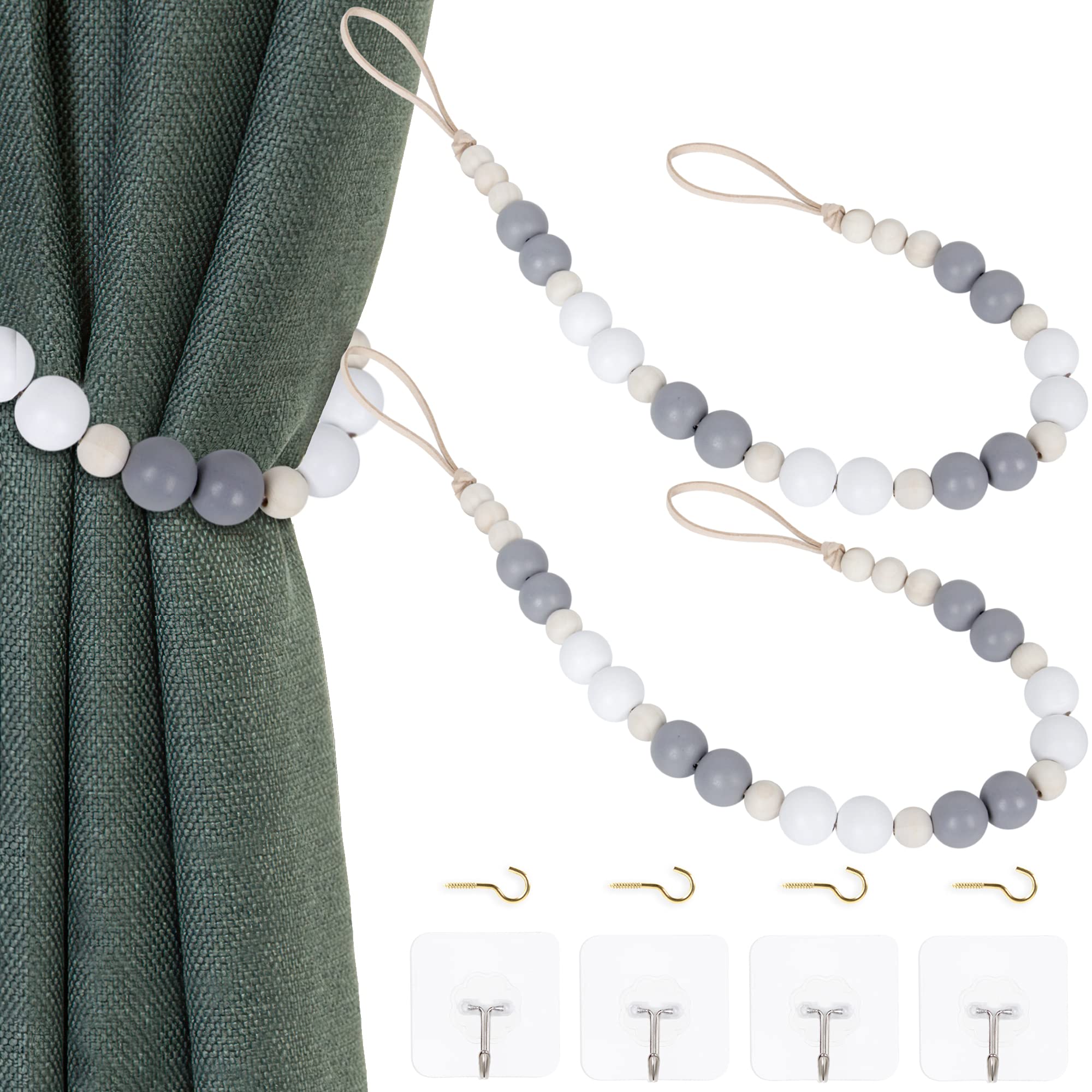 2 Pieces Wood Bead Curtain Tieback Boho Curtain Tiebacks Curtain Holdbacks for Wall Curtain Ties Window Treatment Drape Tie Back with Hooks for Bedroom Wall Dining(White, Gray, Wood Color, 2) — image 1
