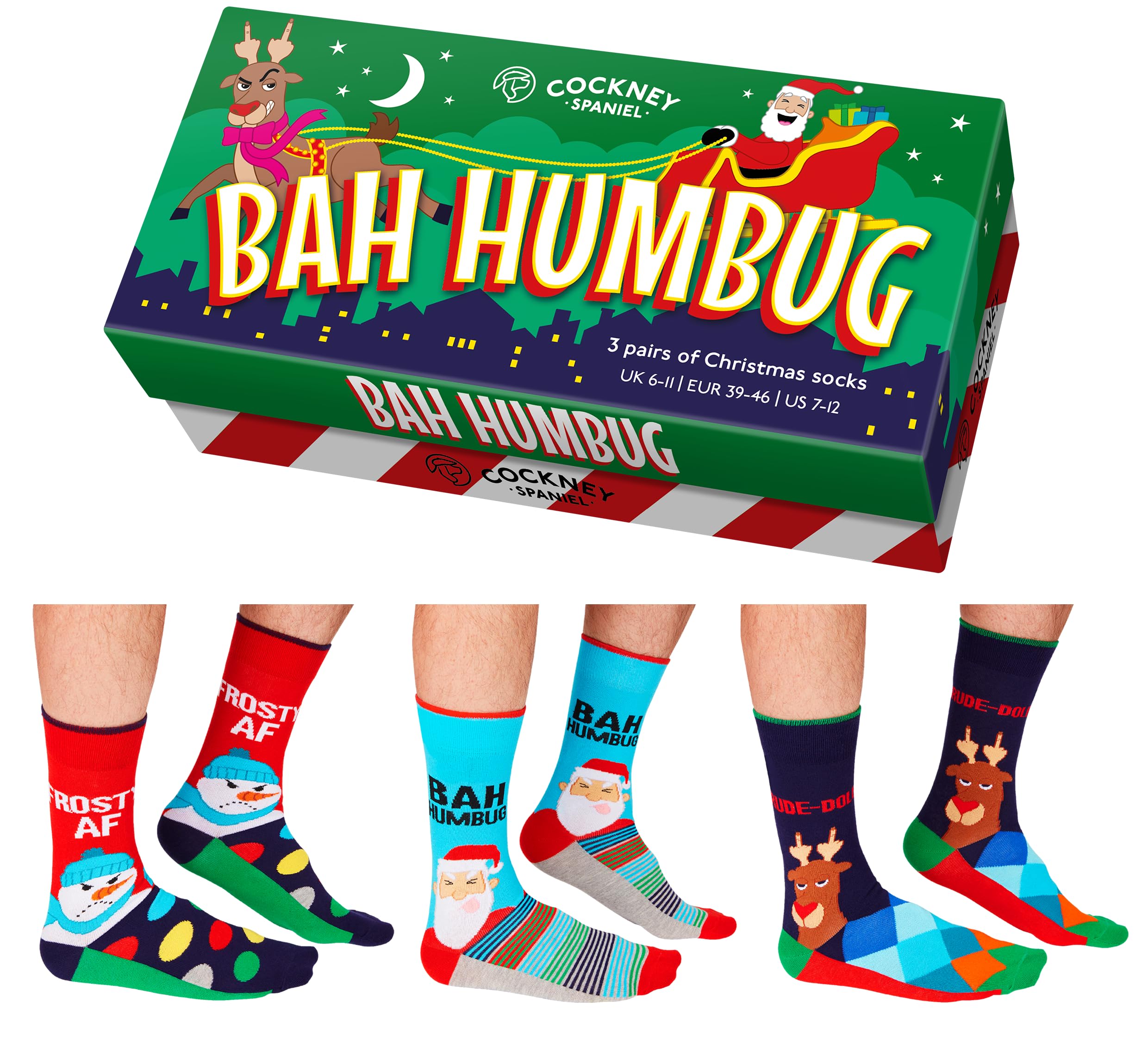 Cockney Spaniel Novelty Gift for Men, 3 Pairs of Crew Socks, Size: UK 6-11 (EUR 39-46), Fun and Quirky Gift for Men (UK, Alpha, One Size, Regular, Regular, Bah Humbug)