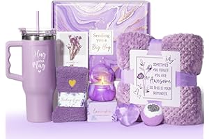 QINLINE Birthday Gifts for Women Self Care Gifts Get Well Soon Gifts, Lavender Relaxing Spa Gifts Basket Care Package w/ Flannel Blanket 40 OZ Tumbler, Christmas Gifts for Mom Wife Grandma Friends Sisters Her