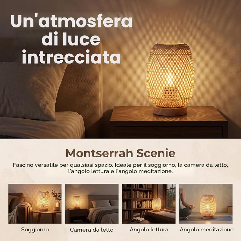 BARCELONA LED Lampada Da Tavolo Ruka In Vimini E Legno E27