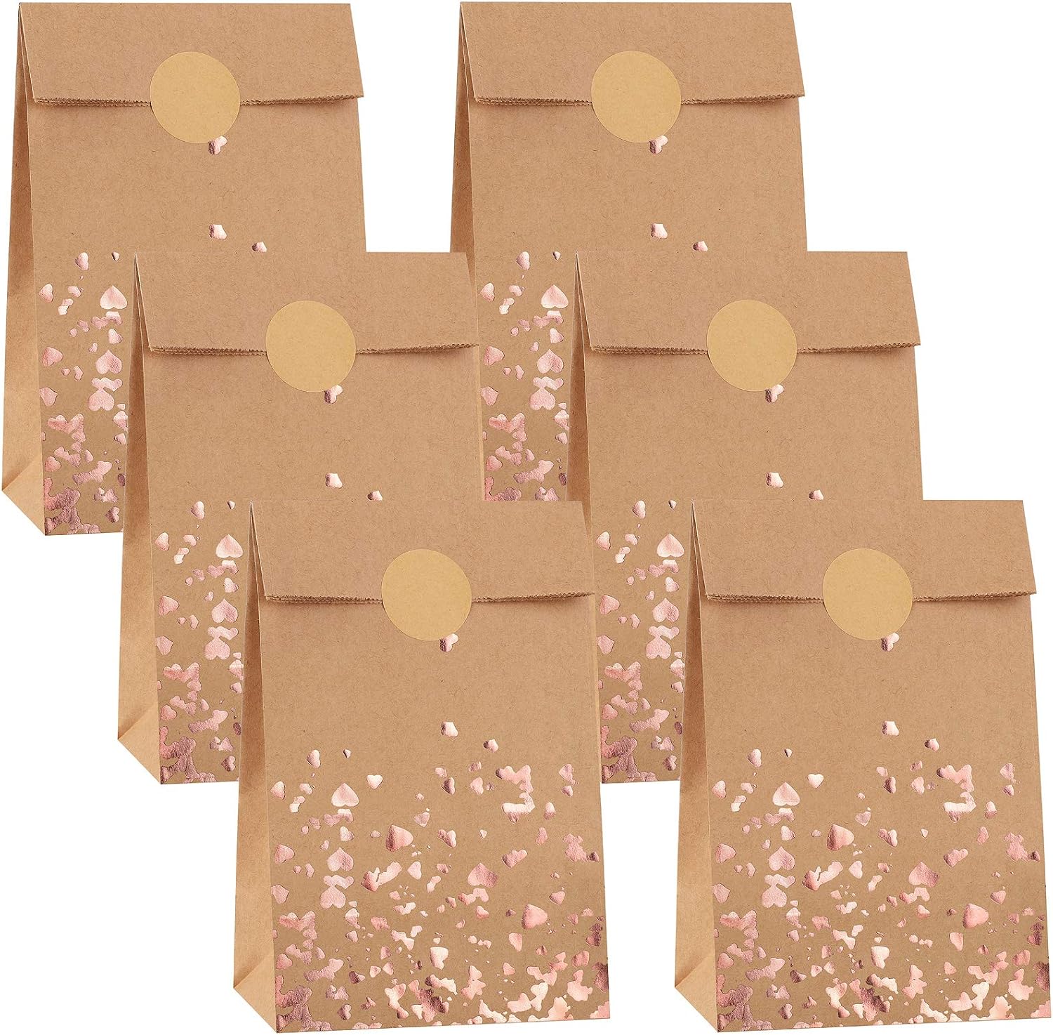 Cooraby 30 Pieces Heart Bronzing Rose Gold Kraft Paper Bags with 48 Stickers Candy Sweet Goodie Paper Bags for Wedding Birthday