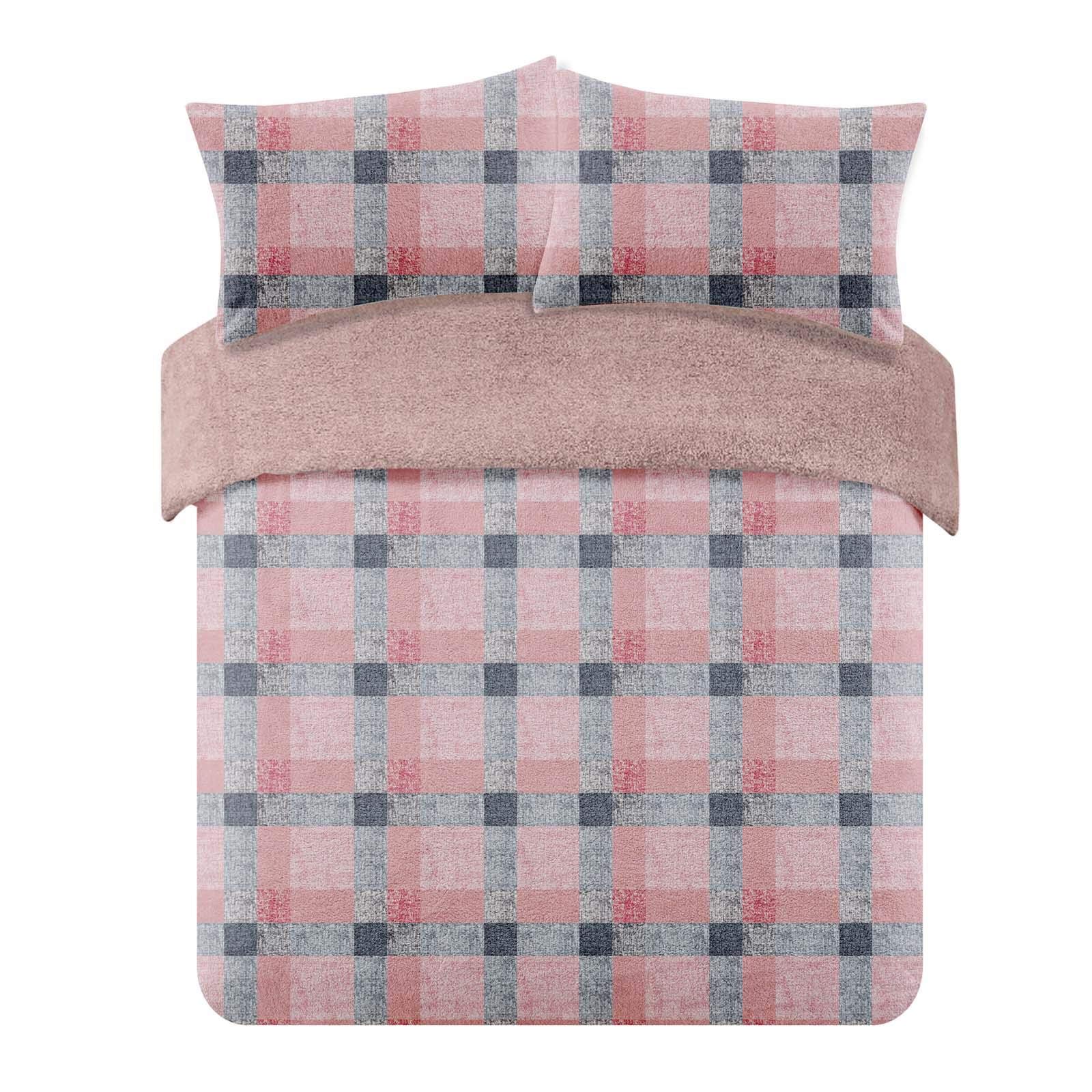 Dreamscene Single Duvet Cover Set Reversible, Winter Bedding Super Soft Cosy Tartan Check Teddy Fleece Duvet Set Fluffy Thermal Teddy Bear Bedding with Pillowcase, Blush Pink Grey