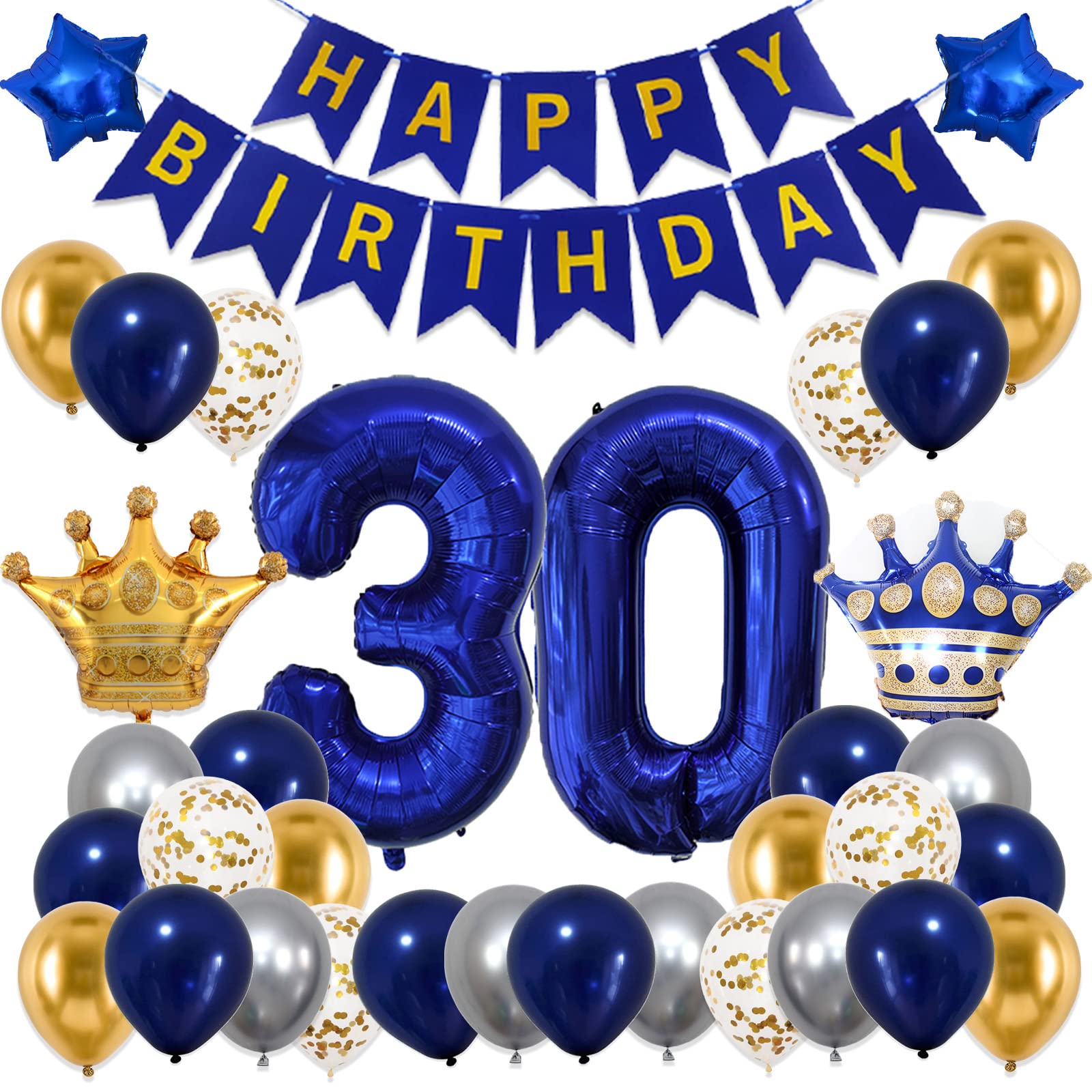 30th Birthday Decorations for Men Women,Blue 30th Birthday Party Decorations with Happy Birthday Banner, Number Balloons,Star Foil,Confetii and Latex Balloons