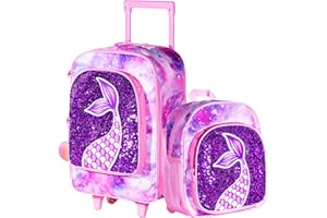 AGSDON 2PCS Kids Luggage, Suitcases for Girls, Carry on Rolling Luggage with Wheels, 18" Toddler Suitcase Set 12" with Sequin Backpack - Pink Mermaid