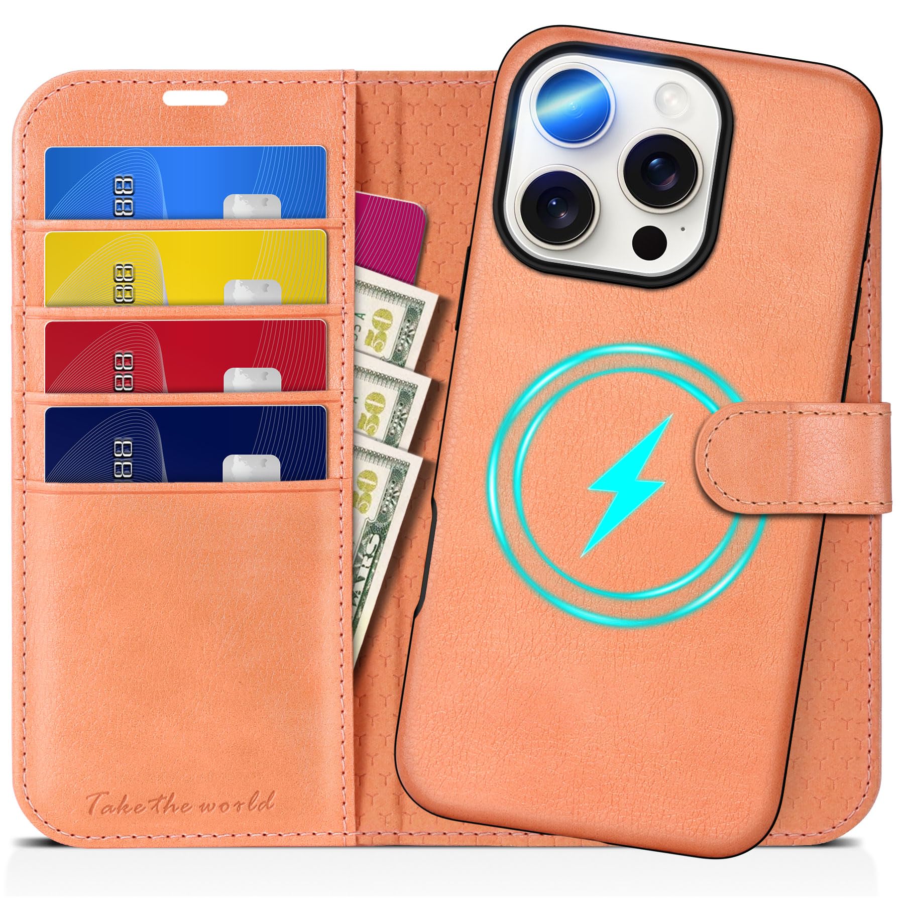TUCCH Case for iPhone 16 Pro (6.3"), 2 in 1 Detachable Wallet Foldable Case with[RFID Blocking][Wireless Charging][Card Holders][Kickstand] Removable Magnetic PU Leather Shockproof Folio, Peachy Pink