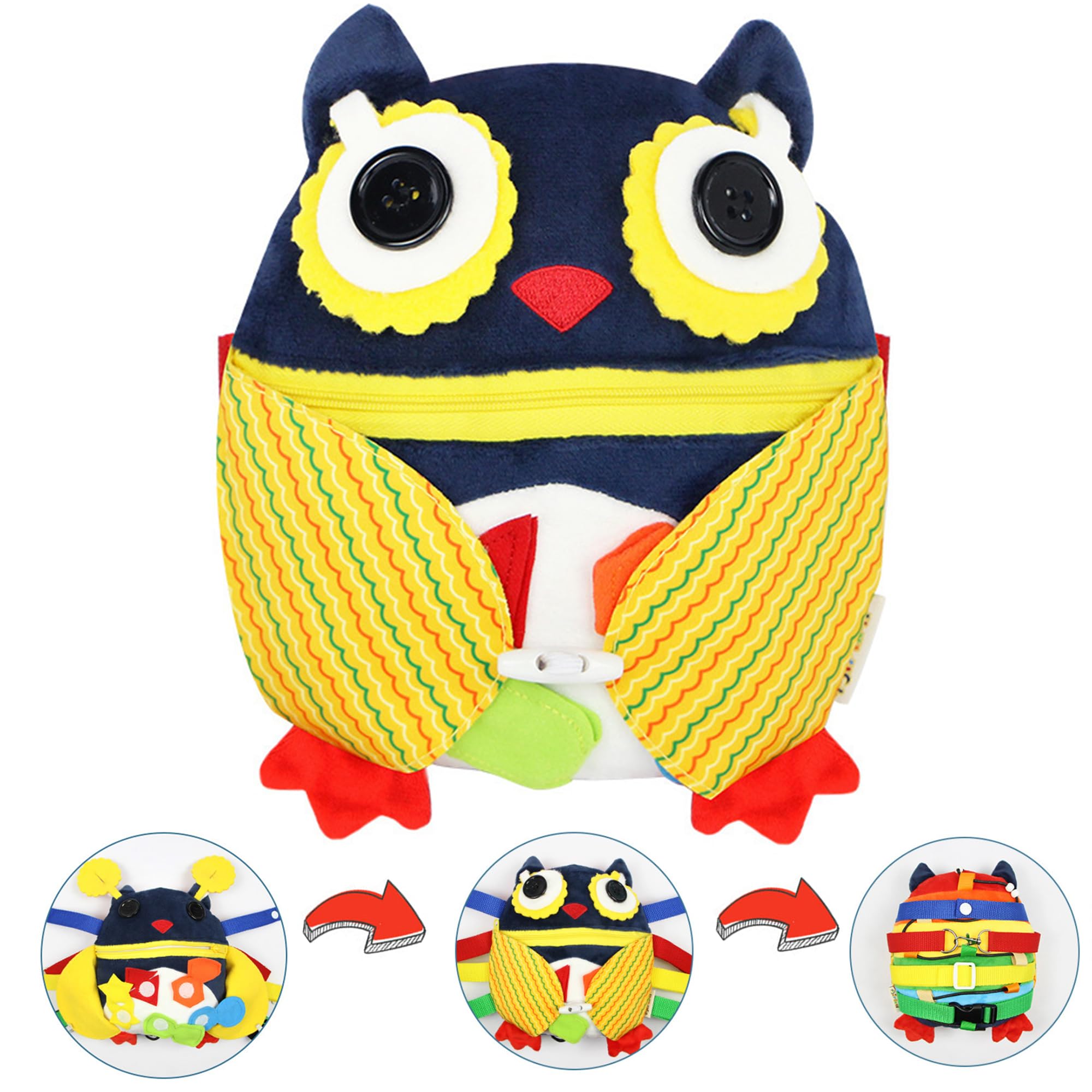 WYFCR Sensory Buckle Pillow Toys for Toddlers, Learning Activity Toy Develop Motor Skill, Educational Buckle Zipper Toddler Activities Travel for Threading Basic Skills(Owl style)