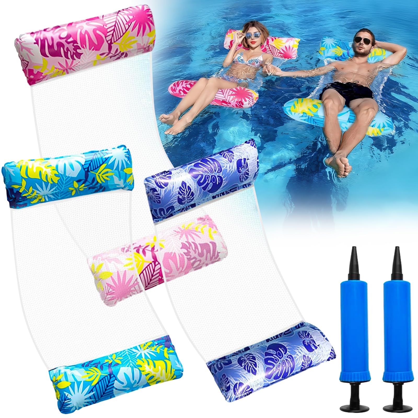 Hyhuiyin 3 Pack Pool Inflatables,Pool Inflatables Water Hammock 4 IN 1 Swimming lilo Pool Floats Inflatable Pool Chair for Adults Cool Mesh Relaxing Lounger Chair Seat with 2 Manual Air Pump