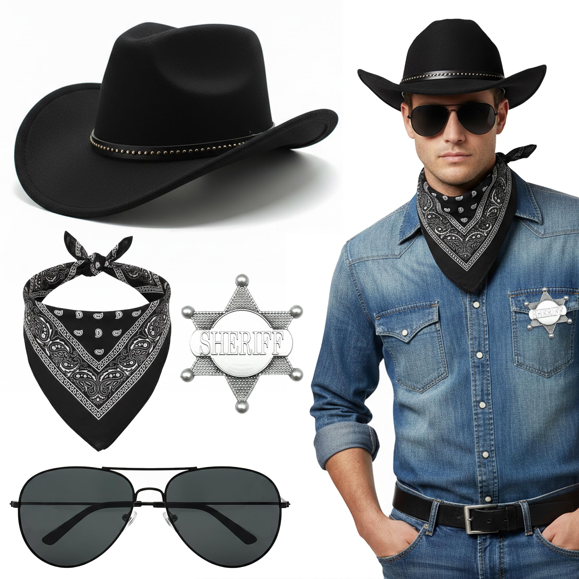 Soireeparty Cowboy Costume Accessories Men Adult, 4Pcs Western Fancy Dress Set with Hat Bandana, Wild West Cowboy Outfit Kit for Hippie Disco Party