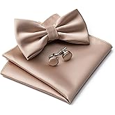 Aegero Mens Solid Color Double Fold Pre-tied Bow Tie and Pocket Square Cufflinks Set Formal Tuxedo Bowties for Wedding Party