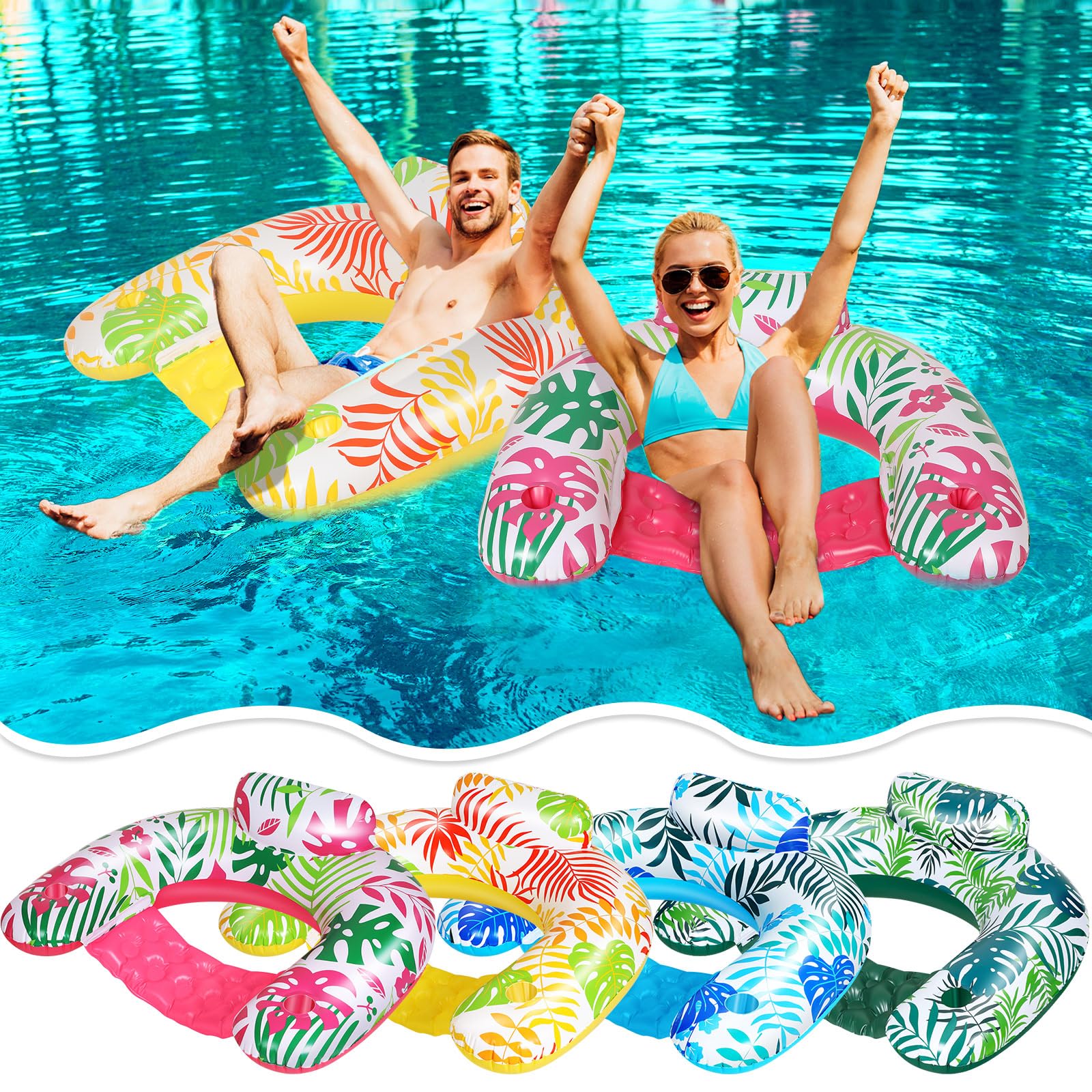 Photo 1 of VercanMonth 4 Pack Pool Floats Chairs Adult with Cupholders Tropical Plants Pattern Lazy River Floats for Adult Relaxing Inflatable Water Chairs for Summer Beach Water Lake Fun Party