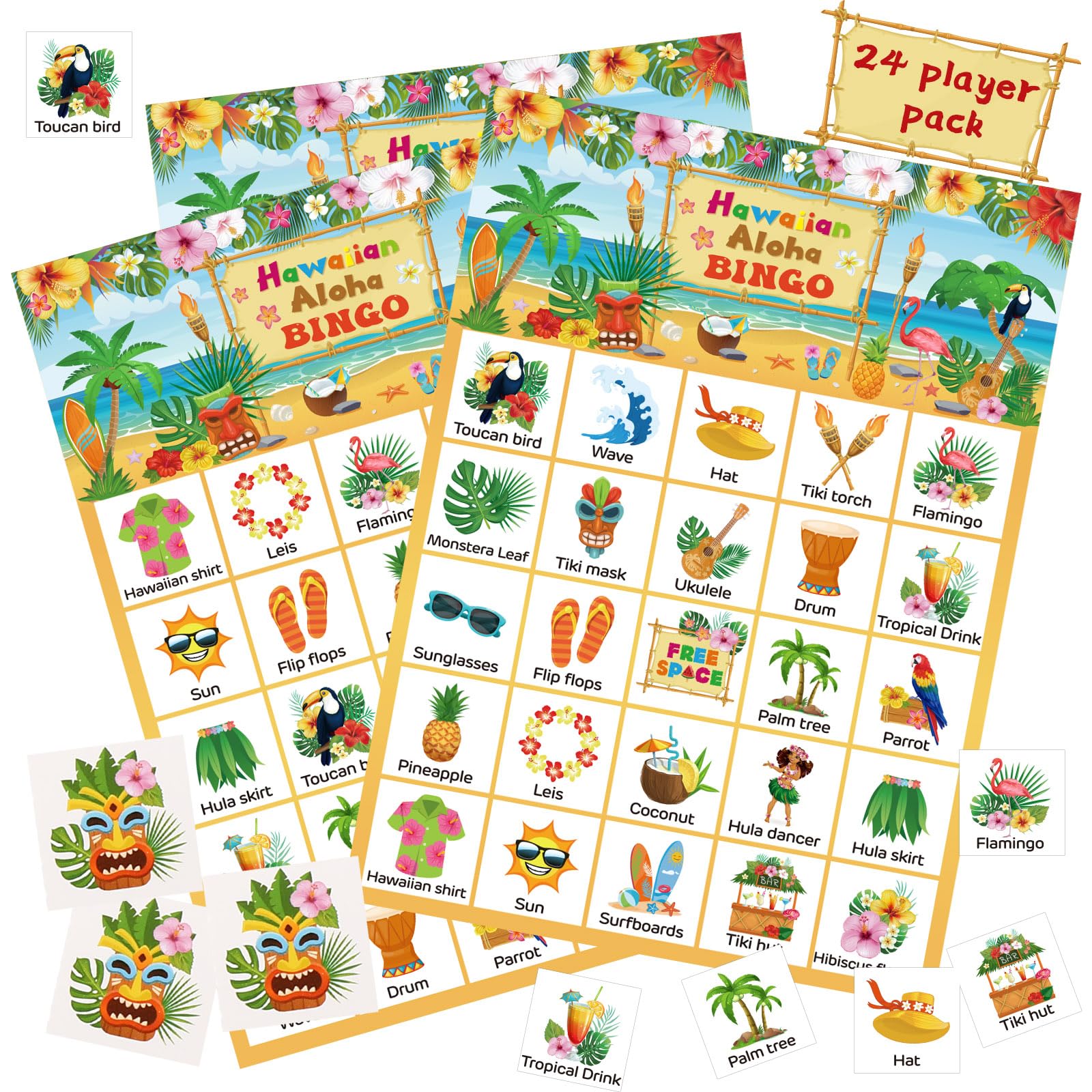 Photo 1 of Liliful 39 Pcs Hawaiian Aloha Bingo 24 Players Luau Party Games Hawaii Bingo Cards for Adults Kids Family Classroom Activities Tropical Summer Party Favors Supplies