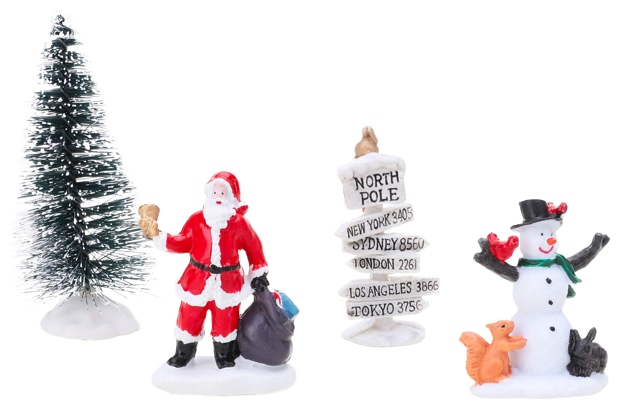 Toyland® Mini Resin Christmas Collectible Ornament - Village Scene Accessories - Christmas Figures (Santa, Snowman, Tree & North Pole Sign 10cm x 4cm)