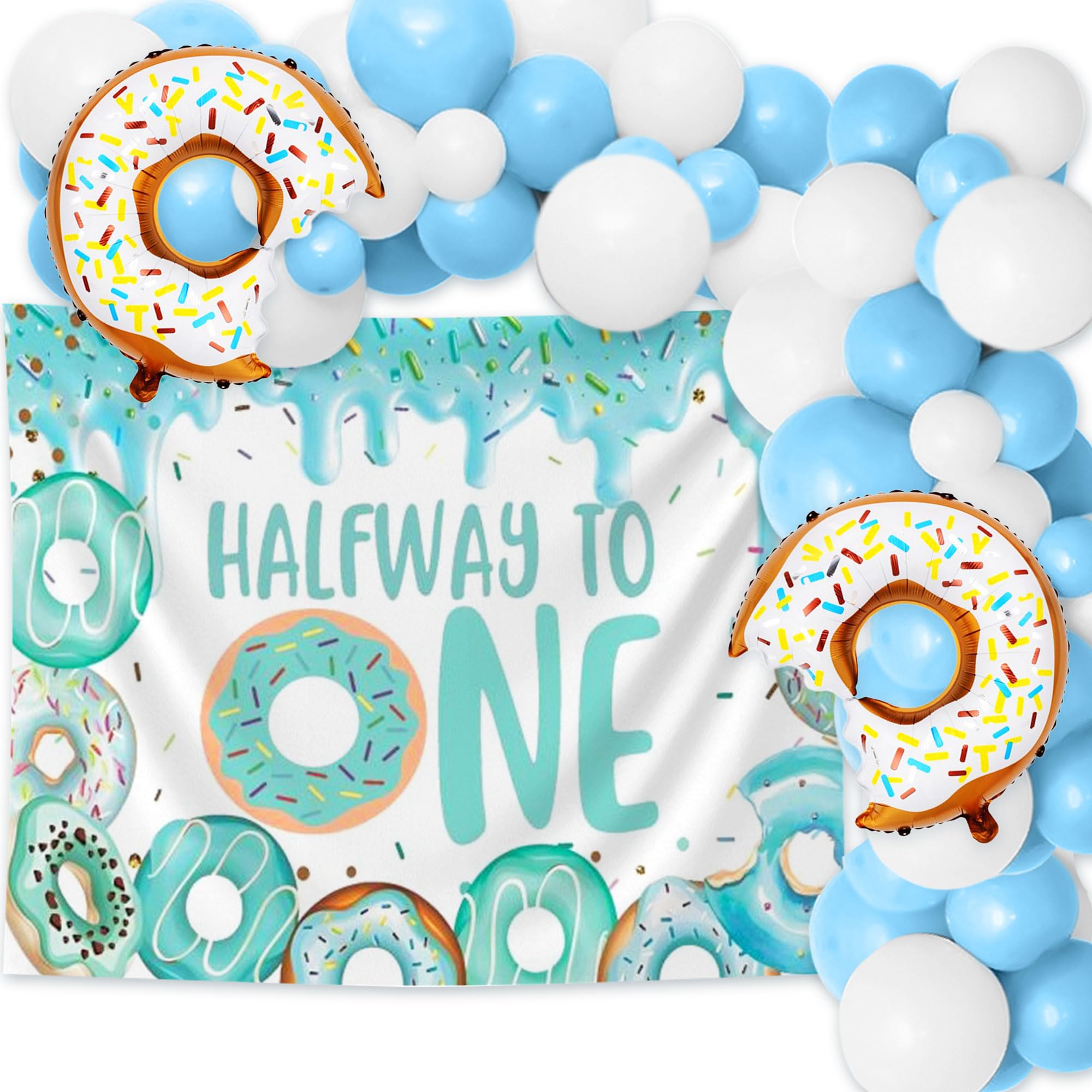 Photo 1 of Blue Donut Half way to One Baby Boy Backdrop Halfway 6 Months Birthday Decorations Boys Donut Balloons 1/2 Year Birthday Party Decor for Boy Girl Baby Shower