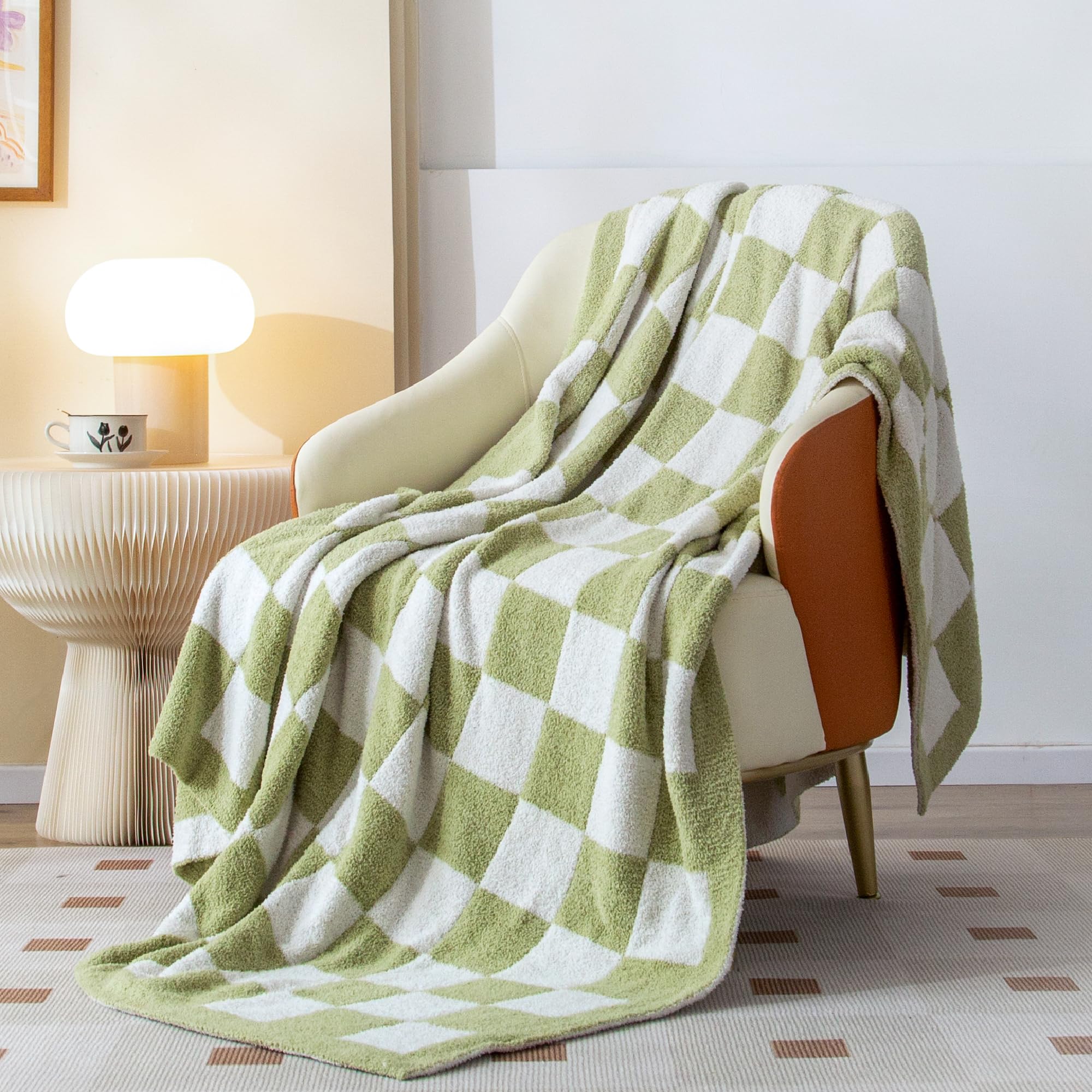 SeaRoomy Checkered Blanket, Ultra Soft Knitted Blanket Queen Size, Warm Cozy Fluffy Microfiber Reversible Checkerboard Bed Throw for All Seasons Sage Green Decor(Sage Green, 90"×90") Image
