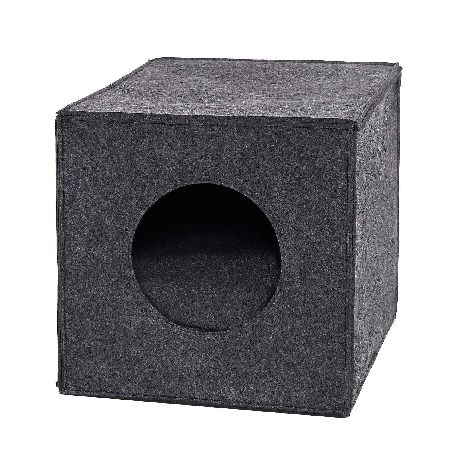 lionto Cat cave made of sturdy felt suitable for shelves & other shelving systems, 33x37x33 cm, cat bed foldable in cube shape, free-standing, easy-care, with cozy cushion, dark grey