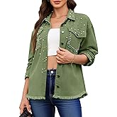 luvamia Jean Jacket Women Trendy Rhinestones Pearls Embellished Sparkly Frayed Hem Oversized Denim Jackets with Pockets