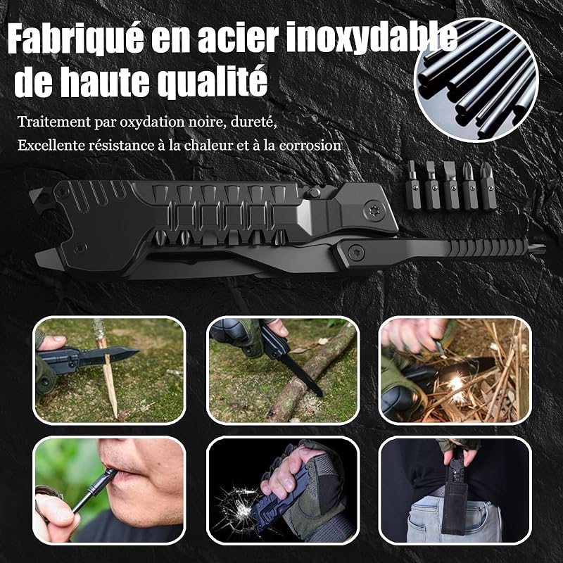 Cadeau Homme, Couteau Multifonction 17 en 1, bâtons d'allumage, ouvre-bouteille, scie, tournevis, sifflet, brise-vitre et plus encore - Parfait pour le camping, l'extérieur