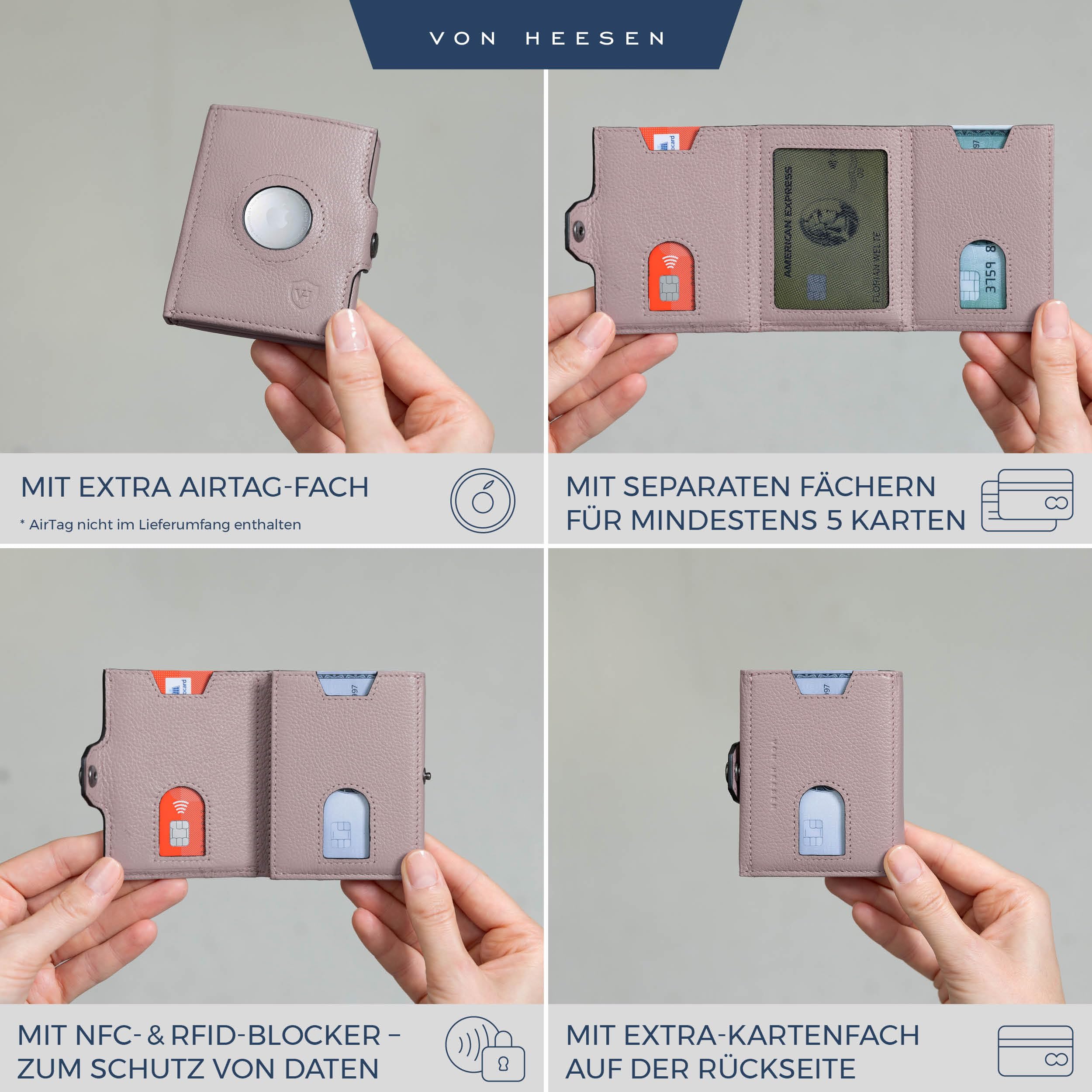 VON HEESEN Airtag Slim Wallet mit RFID-Schutz - Airtag Portmonee Herren klein aus echtem Leder - Mini Geldbörse - Kreditkartenetui Kartenetui - Portemonnaie Geldbeutel (Lavendel) 2