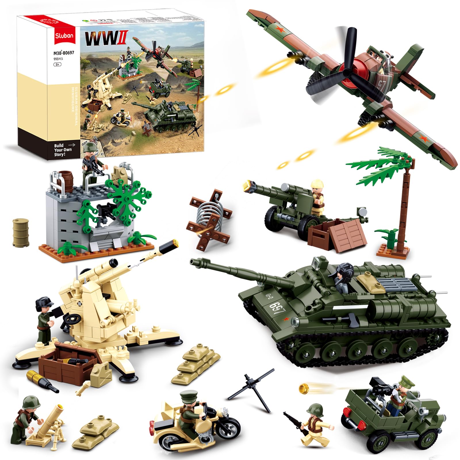 Photo 1 of Military Base Building Set, WW2 Army Model Kit, with Tank, Motorcycle, Fighter, 9 Soldier Minifigures, Ideal Gifts for Adult, Boys Aged 8 9 10, Compatible with Lego Military, 988 PCS