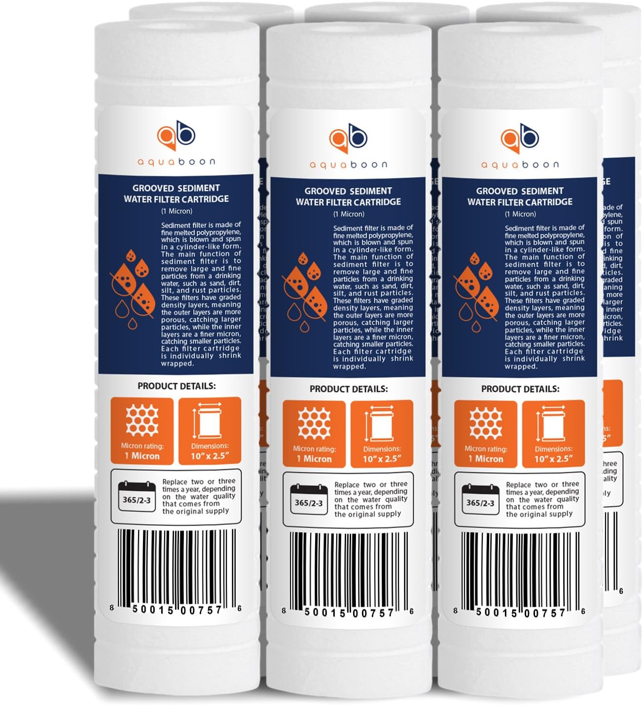 Aquaboon 1 Micron 10" x 2.5" Grooved Sediment Water Filter Replacement Cartridge for Any 10 inch RO Unit | Whole House Sediment Filtration | Compatible with P5, AP110, WFPFC5002, CFS110, RS14, 6-Pack: Home & Kitchen