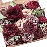 Floroom Burgundy Mauve Artificial Flowers Marsala Fake Roses Peonies and Greenery Combo Box Set for DIY Dark Red Wedding Bouquets Bridal Shower Centerpieces Floral Arrangements Party Tables Decoration