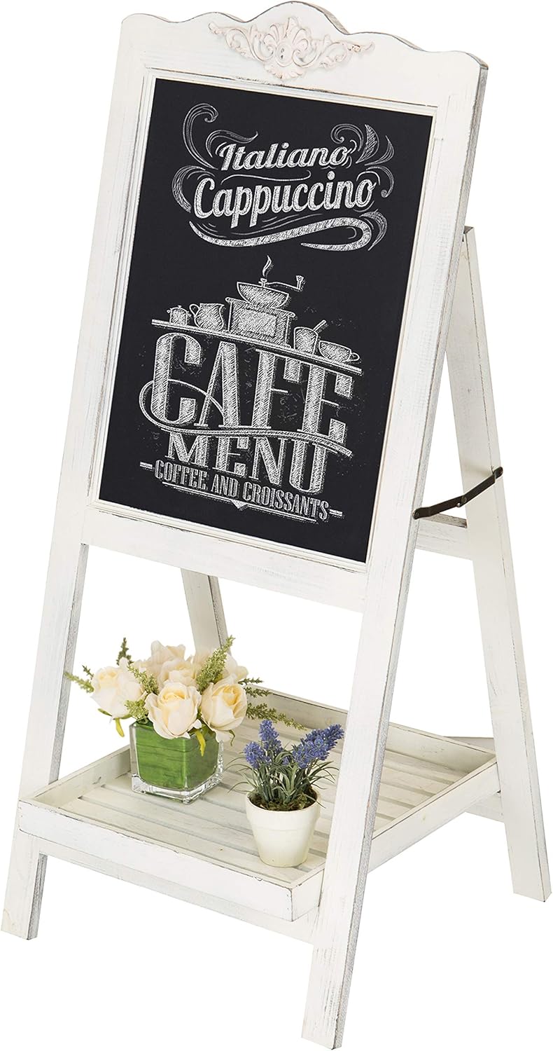 MyGift Decorative Vintage White Washed Brown Wood Large Freestanding Chalkboard Message Board Easel