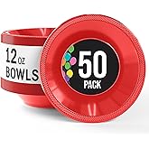 Party Solids 12 Oz Red Plastic Bowls Disposable Bowls for Hot Food Soup 50 Pcs - For Soup, Salad, Cereal, Desserts & Party Supplies