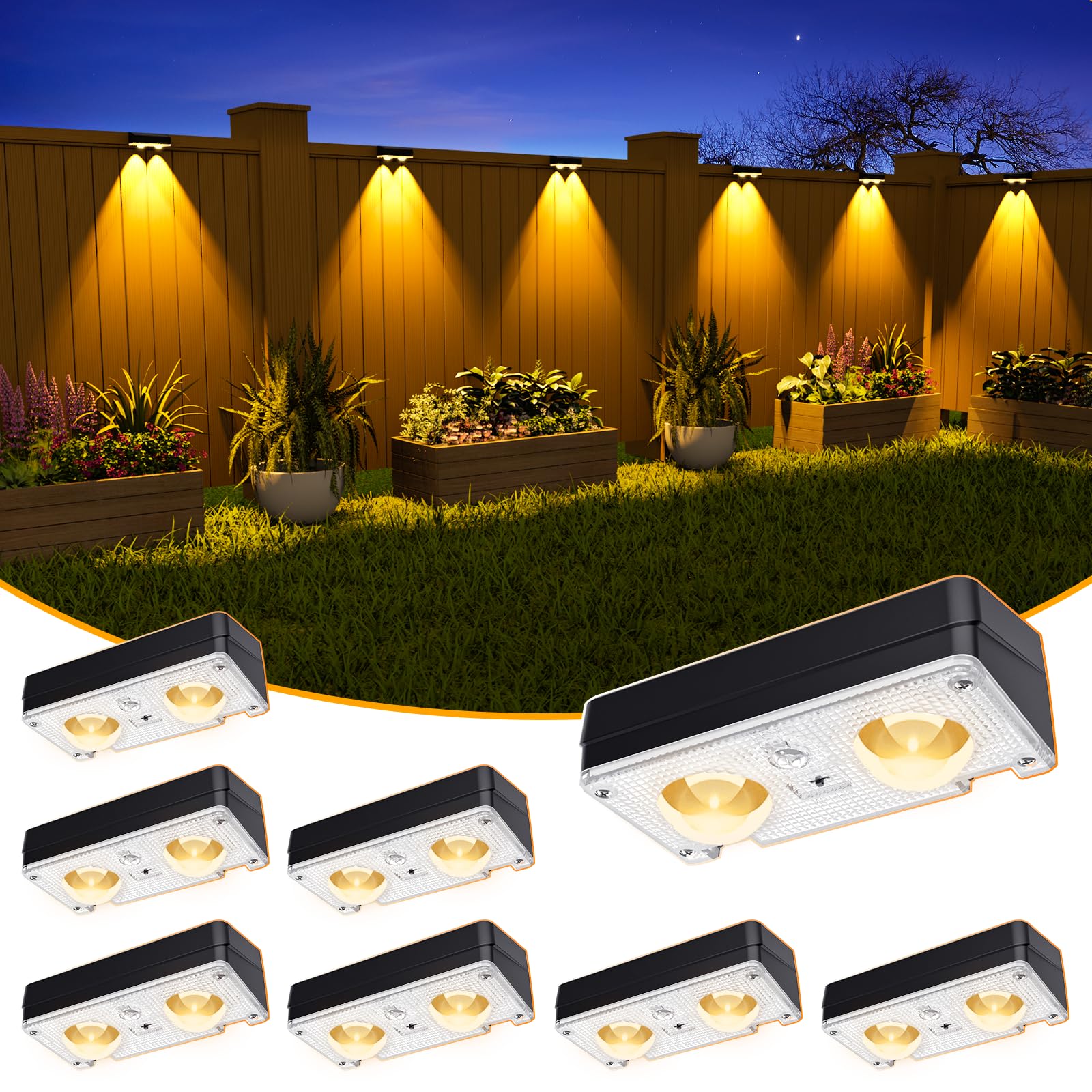 Photo 1 of JOFIOS Solar Fence Lights Outdoor Waterproof, 80 Lumens Solar Lights for Fence with Warm White & RGB 8 Colors,Outdoor Solar Light for Deck, Patio, Backyard, Fence, Railing (8-Pack-Black)