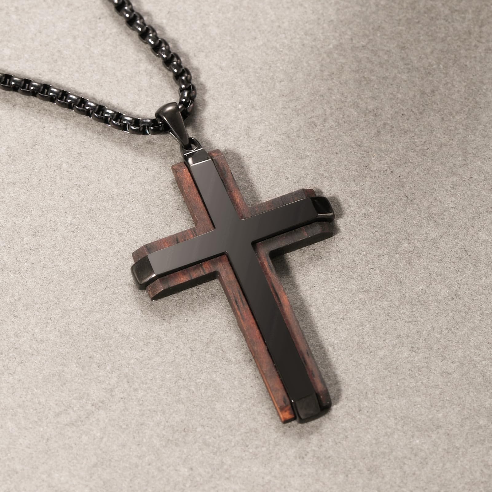 Ropartman Wooden Cross Necklace for Men, Real Ebony Mens Cross Necklaces Black Stainless Steel Christian Christian Gifts for Men Wood Crucifix Pendant, with Necklace 24