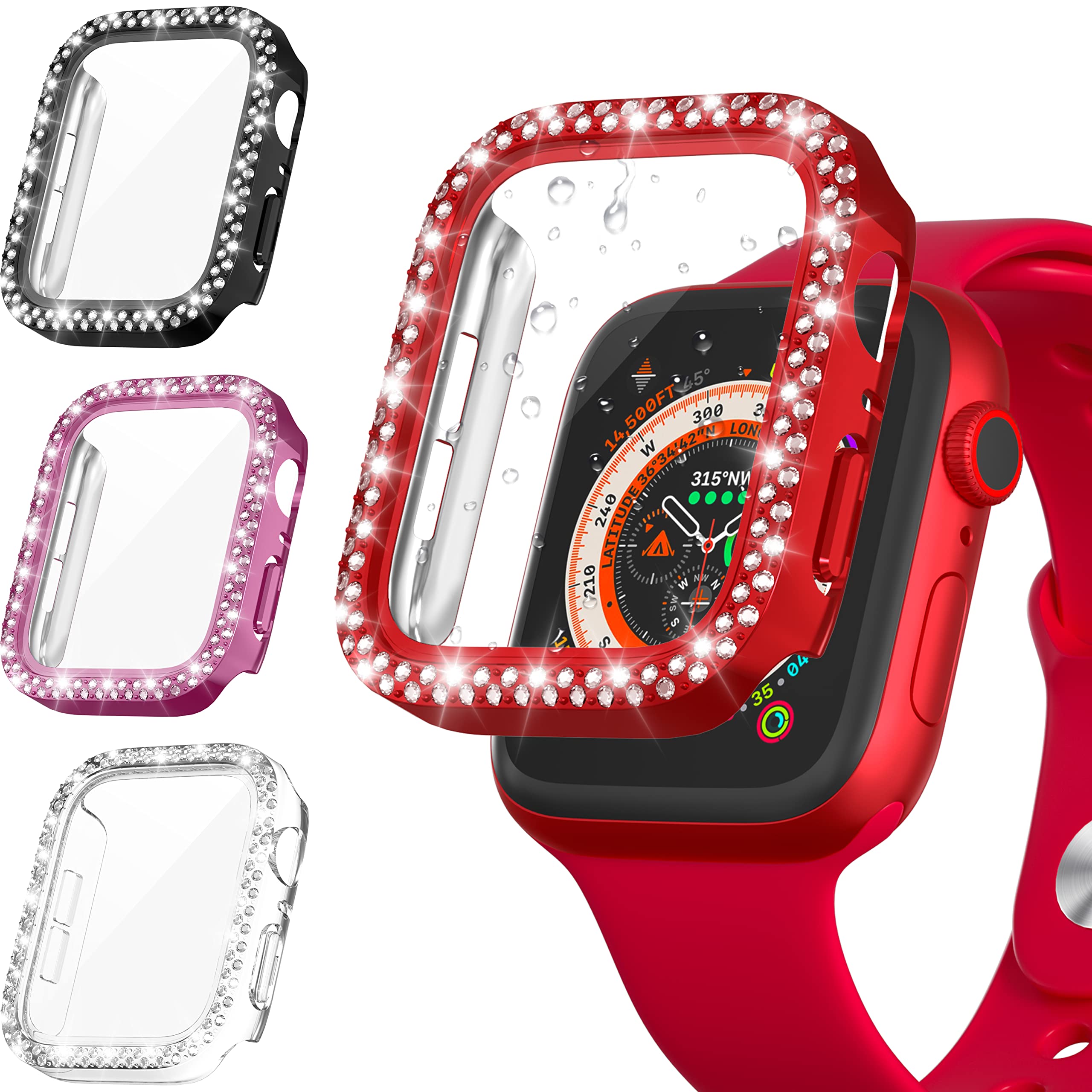 Diruite 4 Pack Screen Protector for Apple Watch Series 9/8/7/6/5/4/SE 2/SE Sparkling Diamond Case,Tempered Glass Hard Matte PC Protective for Apple Watch 45mm 44mm 41mm 40mm Cover