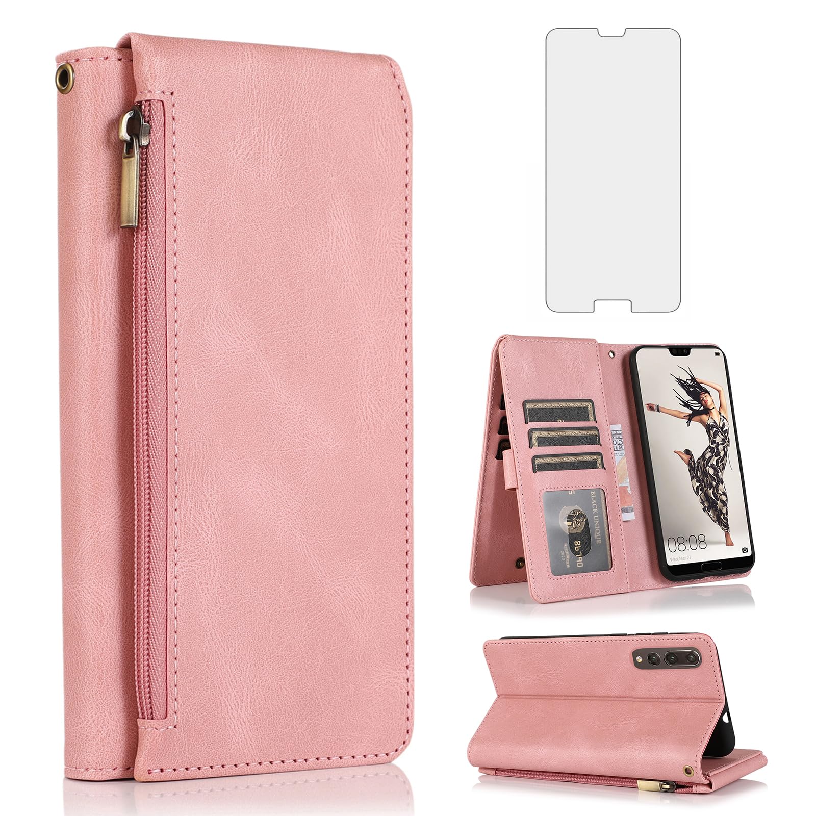 Compatible with Huawei P20 Pro Wallet Case Tempered Glass Screen Protector Zipper Wrist Strap Retro Leather Flip Cover Card Holder Stand Cell Accessories for Hawaii P 20Pro 20 P20pro Women Rose Gold