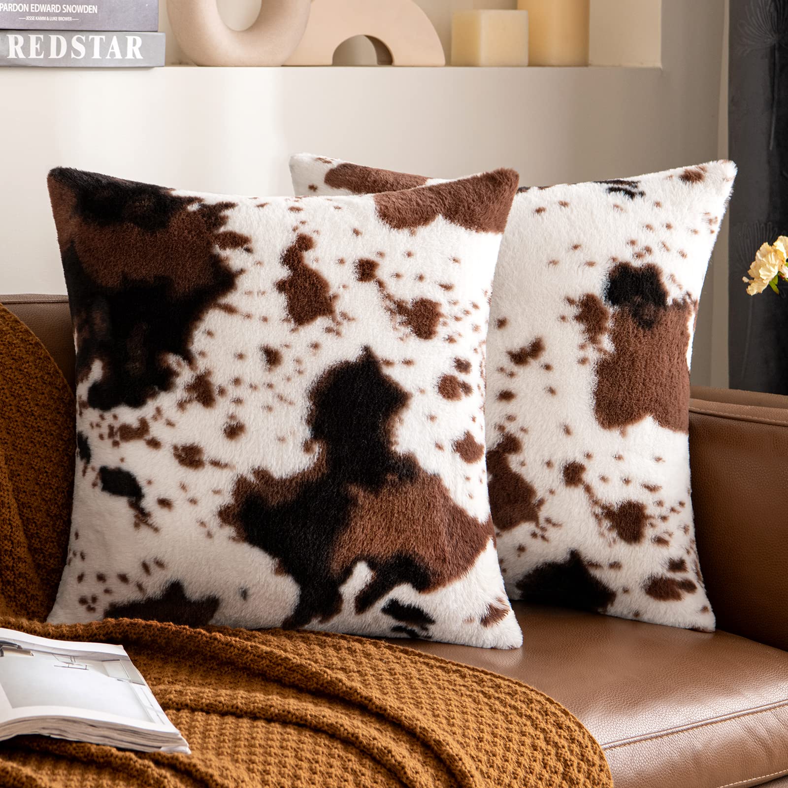 Woaboy Pack of 2 Luxury Faux Fur Throw Pillow Covers Cowhide Decorative