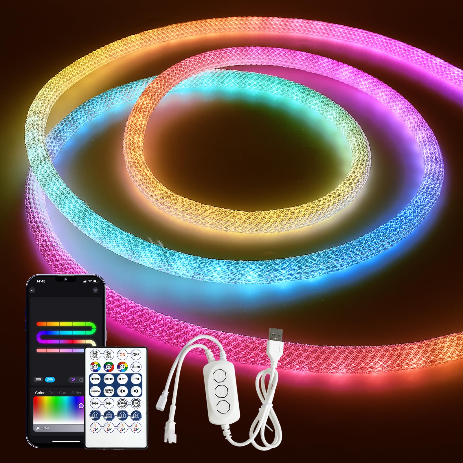 Brillistep Bluetooth RGBIC Neon Led Strip Light USB 5V 3m Waterproof IP65, Dynamic Braided Neon Rope Light Strip 500LED/Meter with APP/Remote Control for Indoor Outdoor Decoration