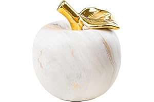 Folmywy Ceramic Apple Ornament 5 Inch Porcelain Artificial Fake Apple Figurine White Modern Apples Statue with Gold Stem Home