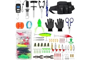 AOFUXTI Fishing Tool Kit - 112pcs Fishing Gear & Equipment, Fish Pliers, Hook Remover, Scale, Scissors, Lip Gripper, Lures