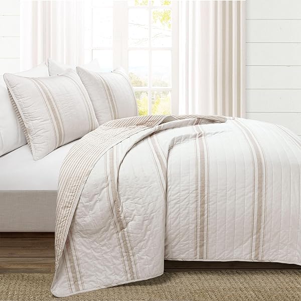 LUSH DECOR FARMHOUSE STRIPE REVERSIBLE COTTON QUILT QUEEN SIZE 3 PIECE SET FULL/QUEEN NEUTRAL – FARMHOUSE BEDDING SET QUEEN QUILT – STRIPED BEDDING
