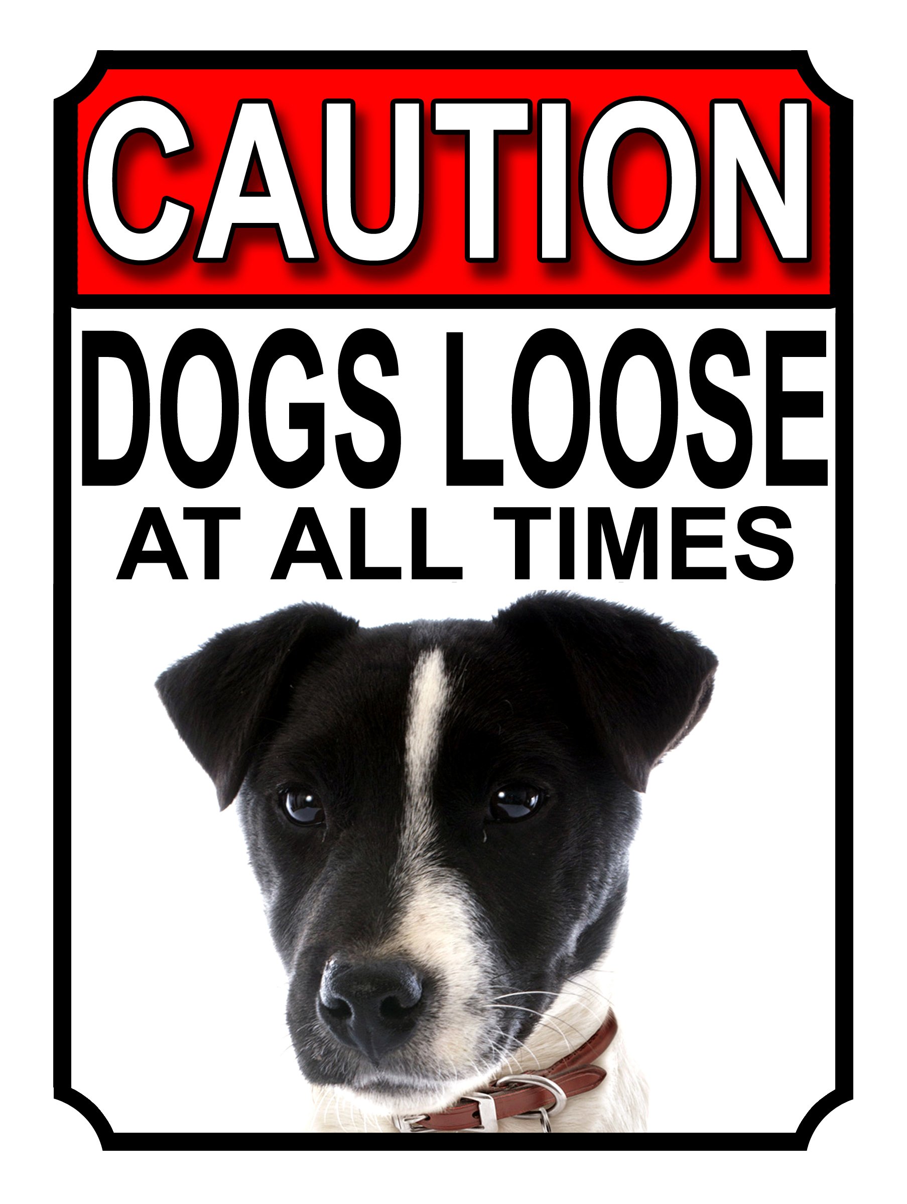 SHAWPRINT CAUTION DOGS LOOSE AT ALL TIMES METAL GATE SIGN JACK RUSSEL 200MM X 150MM (1207H1) — image 1