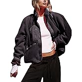 APAFES Women's Cropped Sherpa Lined Fleece Jacket Winter Warm Button Down Fuzzy Coats Shacket Outerwear with Pockets