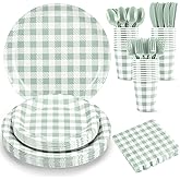 NatNarr 175 Pcs Gingham Paper Plates, Sage Green Baby Shower Decorations Include Sage Green Plates and Napkins Disposable Checkered Dinnerware Set for Bridal Shower, Wedding, Birthday
