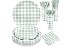 175 Pcs Gingham Party Supplies Include Sage Green Gingham Plates and Napkins Cups Plastic Cutlery Disposable Green Checkered 