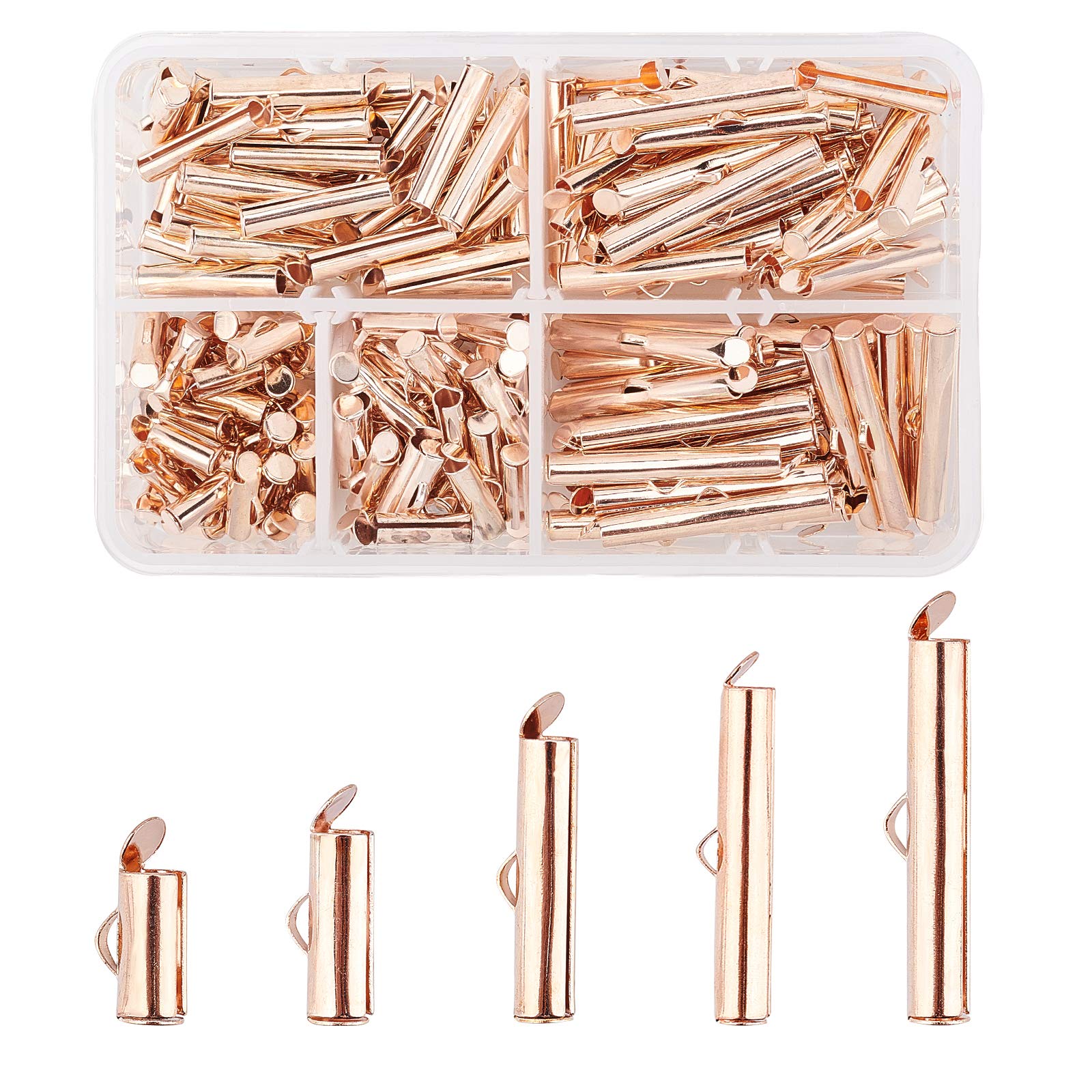PandaHall 200pcs Slide On End Clasp Tubes Slider End Caps Crimp End Tube for Multi-Strand Necklace Bracelet Jewelry Making, Rose Gold